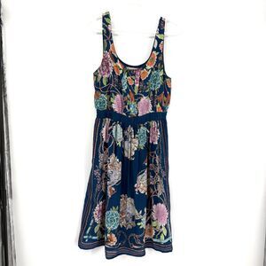 Anthropologie MOULINETTE SOEURS Silk Blue Floral Dress Pockets Church Women Sz S